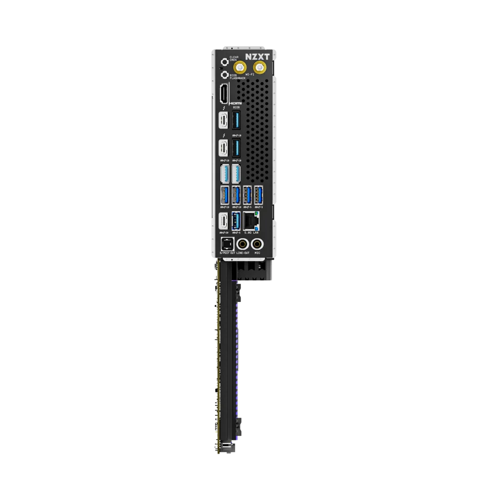 NZXT N9 Z890 motherboard in Black, rear I/O panel showing HDMI, Thunderbolt 4, USB, 5G LAN and audio ports