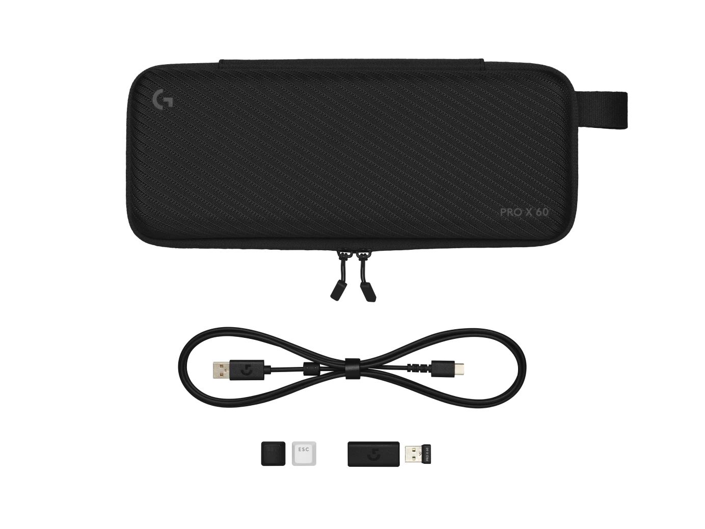 PRO X 60 white keyboard with included accessories: USB LIGHTSPEED adapter, USB-A to USB-C cable and carrying case