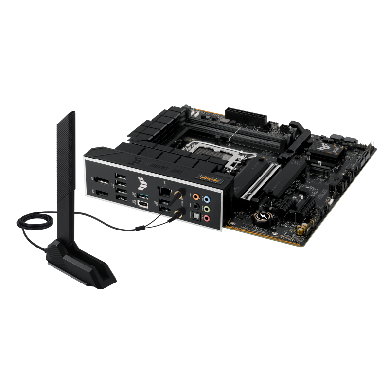 ASUS TUF Gaming B760M-PLUS WiFi II motherboard with WiFi antenna accessory