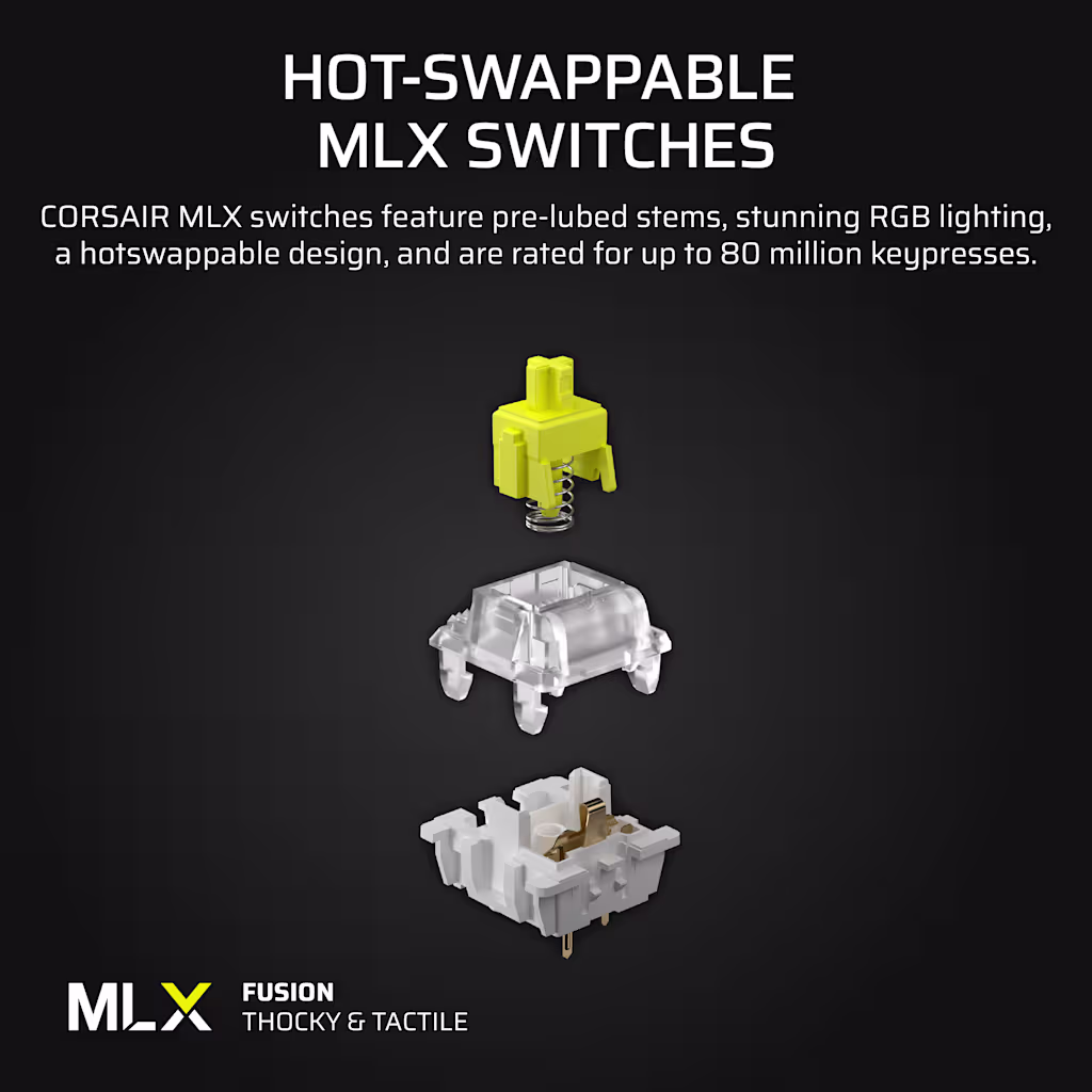 Exploded diagram of Corsair MLX Fusion hot-swappable mechanical switch with pre-lubed stems rated for 80 million keypresses