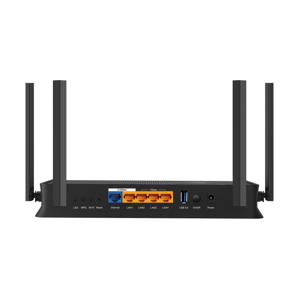 Rear of black TP-Link Archer BE230 showing 2.5 Gbps Internet and LAN1 ports, three Gigabit LAN ports, USB 3.0, controls and power input