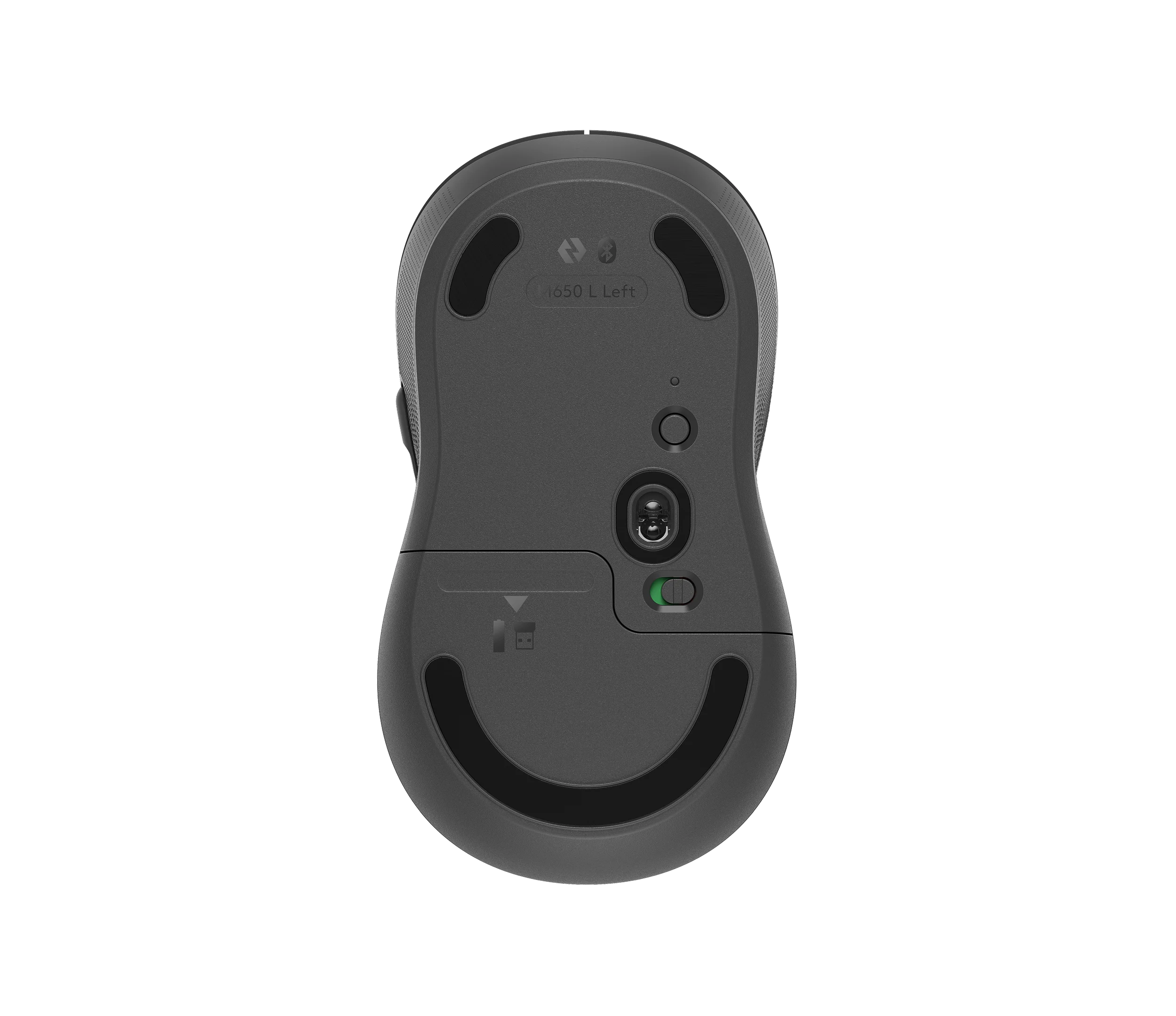 Underside labeled M650 L Left with optical sensor, power switch, connection button and battery-cover outline
