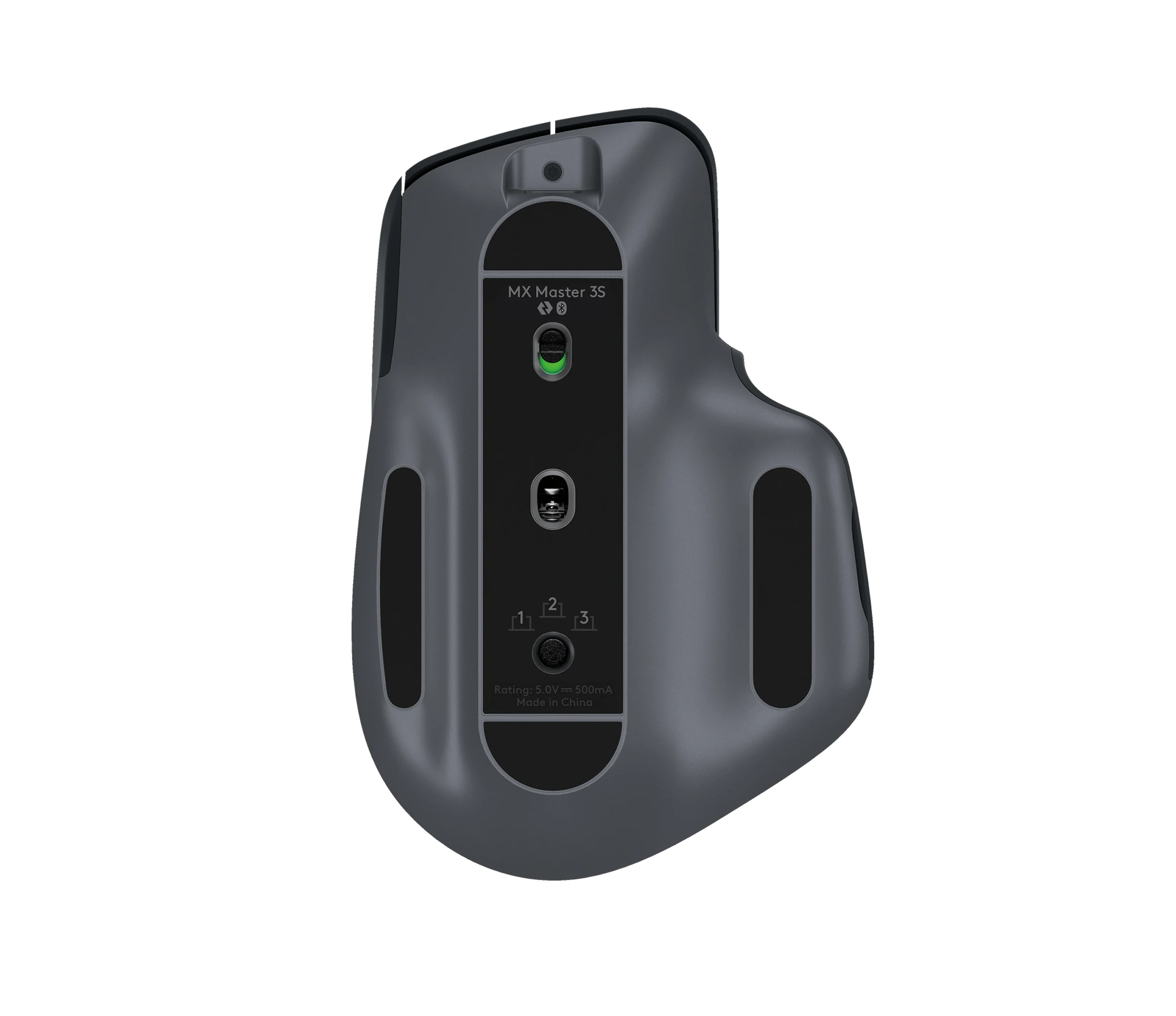 Logitech MX Master 3S wireless mouse in Graphite, bottom view showing sensor and power switch