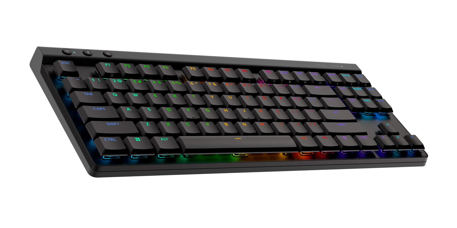 Logitech G515 LIGHTSPEED TKL wireless gaming keyboard in black, low-angle side view showing thin profile