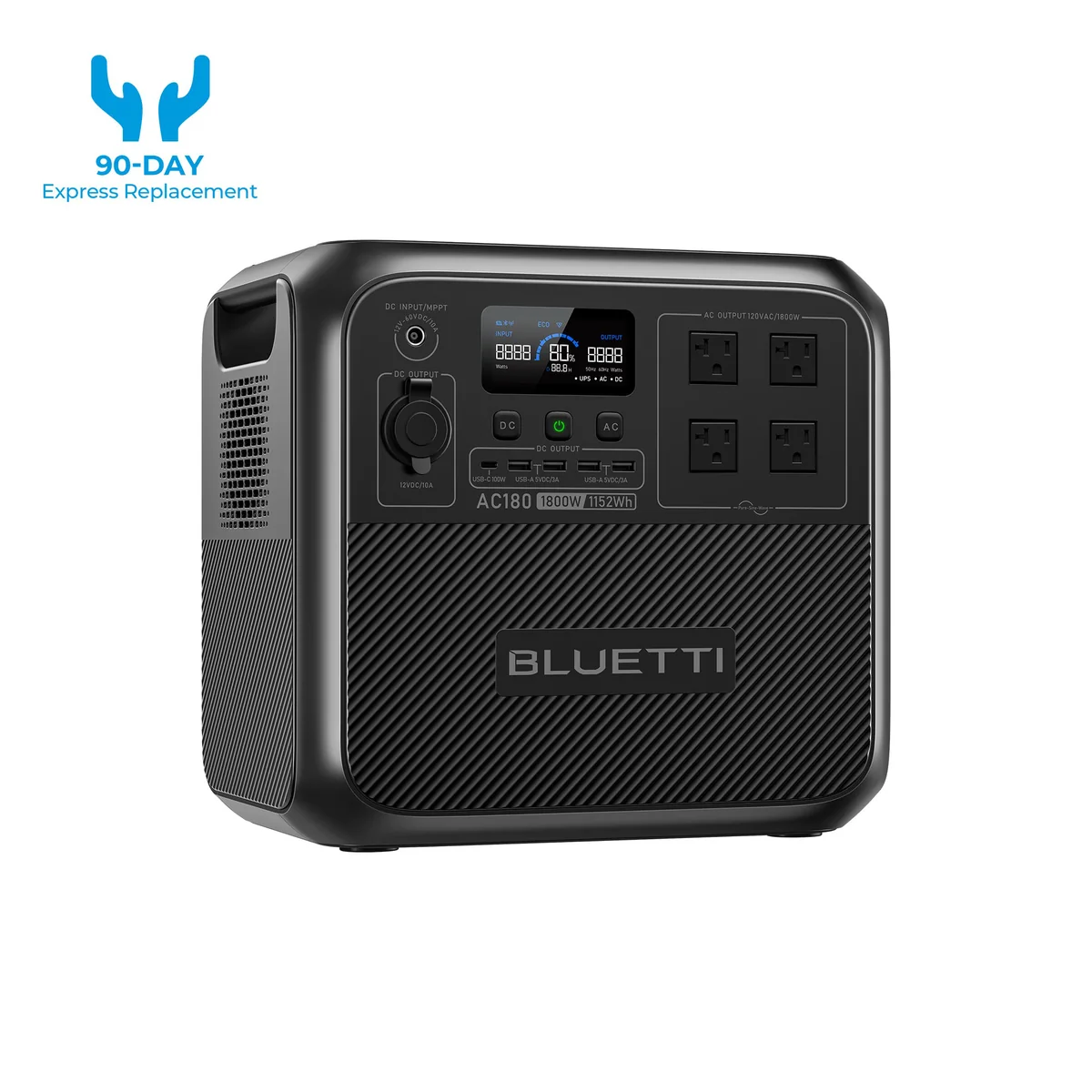 BLUETTI AC180 portable power station, angled 3/4 view showing side cooling vent and carry handle