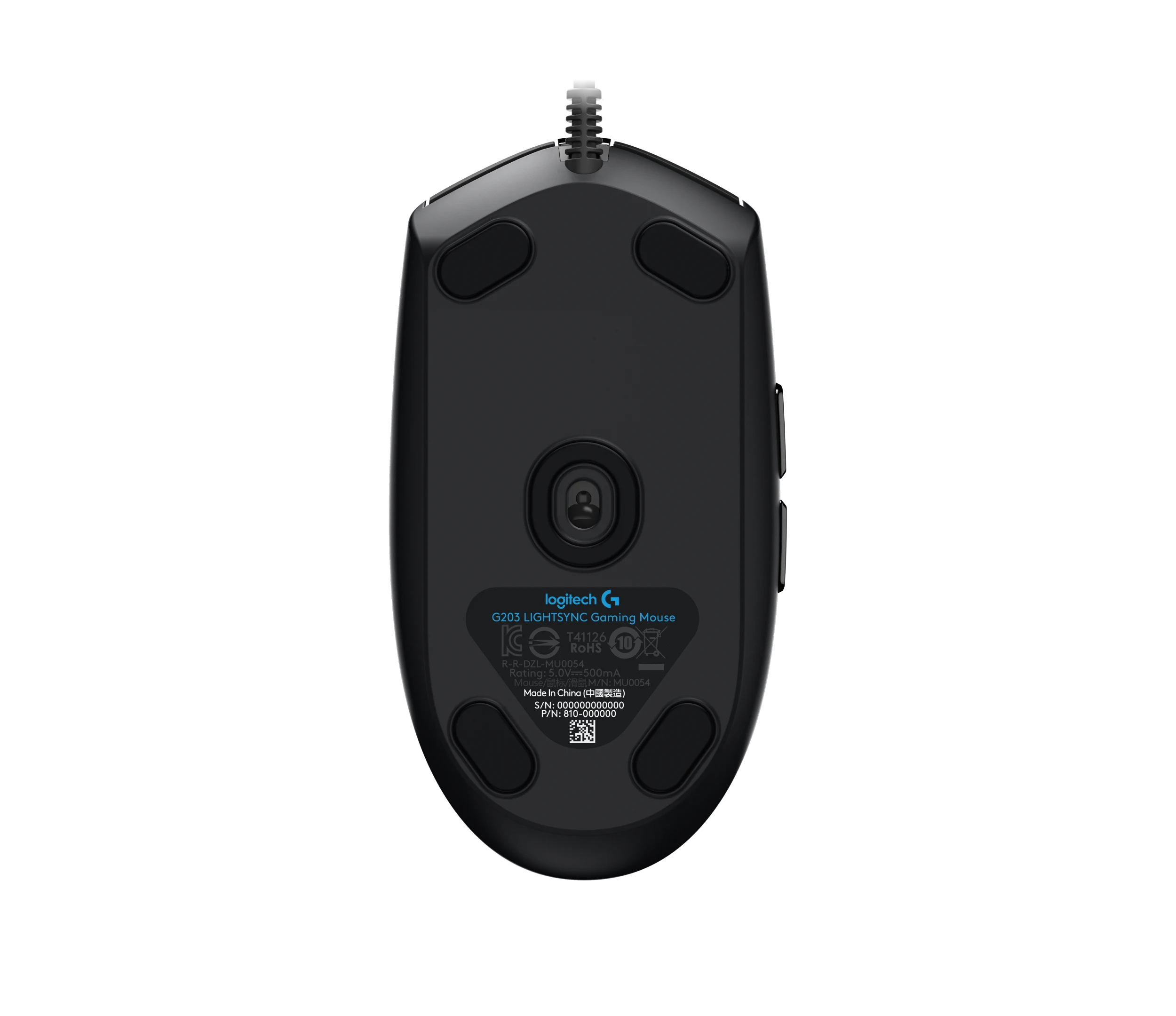 Underside of black G203 LIGHTSYNC showing optical sensor, four glide feet and model label.
