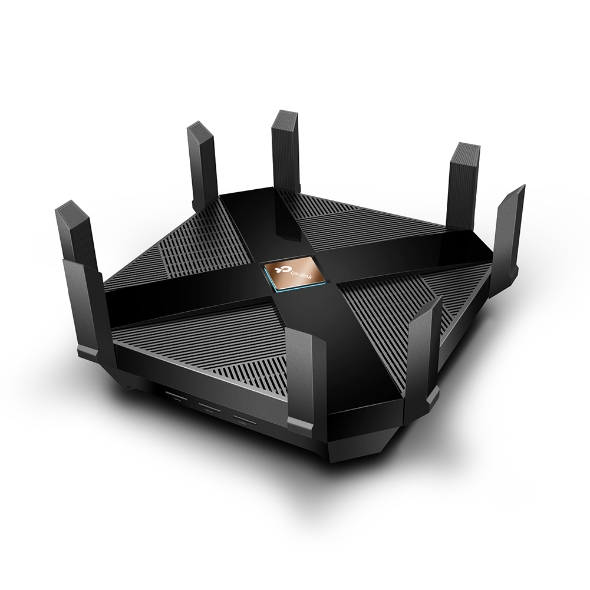 Angled top view of the black Archer AX6000 with eight antennas and central TP-Link emblem.