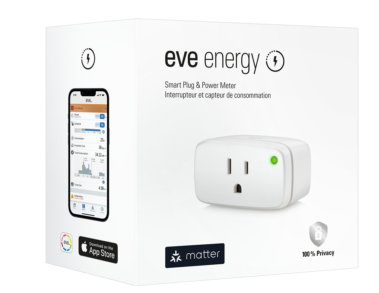 US retail packaging for Eve Energy Smart Plug & Power Meter showing the Matter logo and the Eve app screen with live consumption data