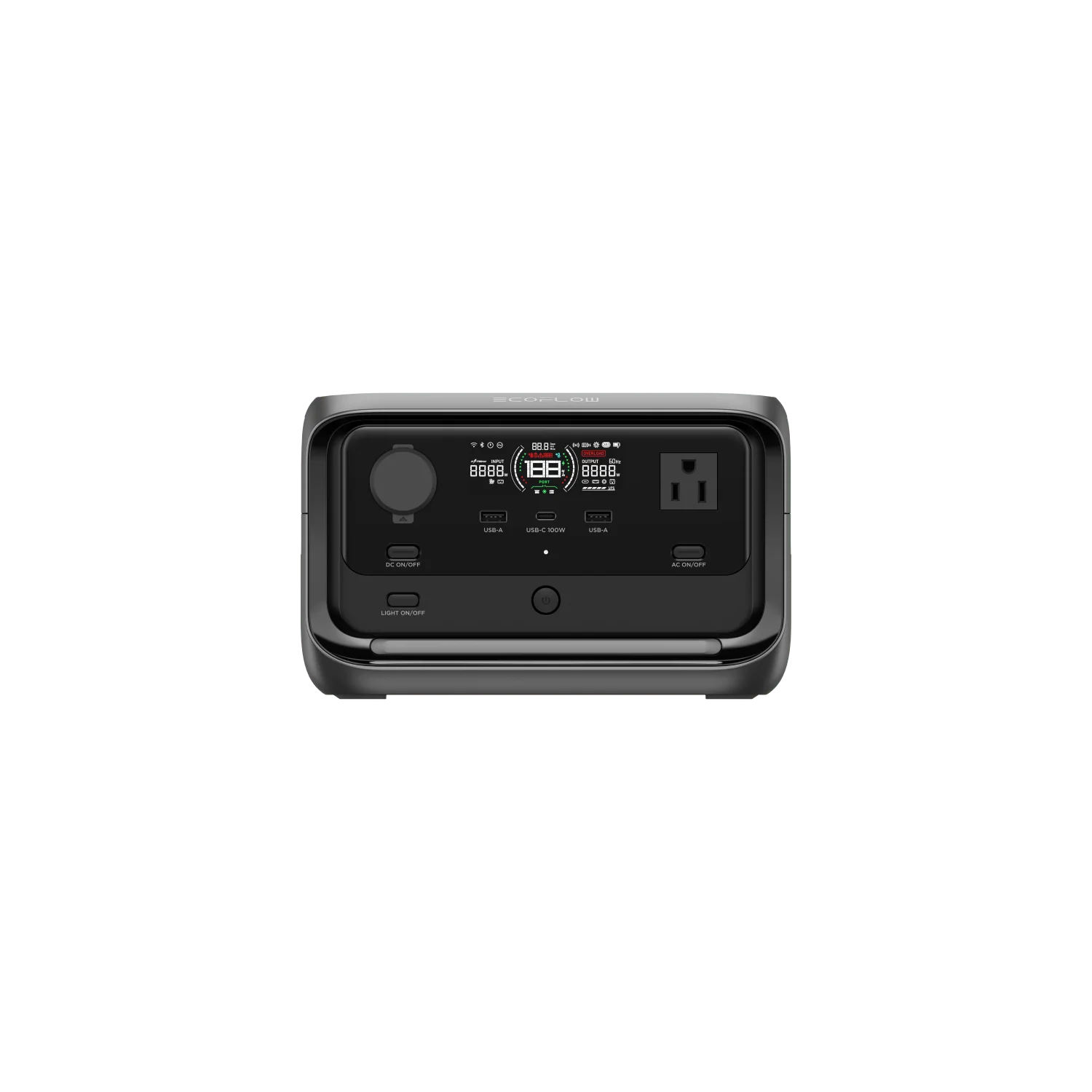 EcoFlow RIVER 3 Plus portable power station, straight-on front view of control panel with USB-A, USB-C and AC outlet