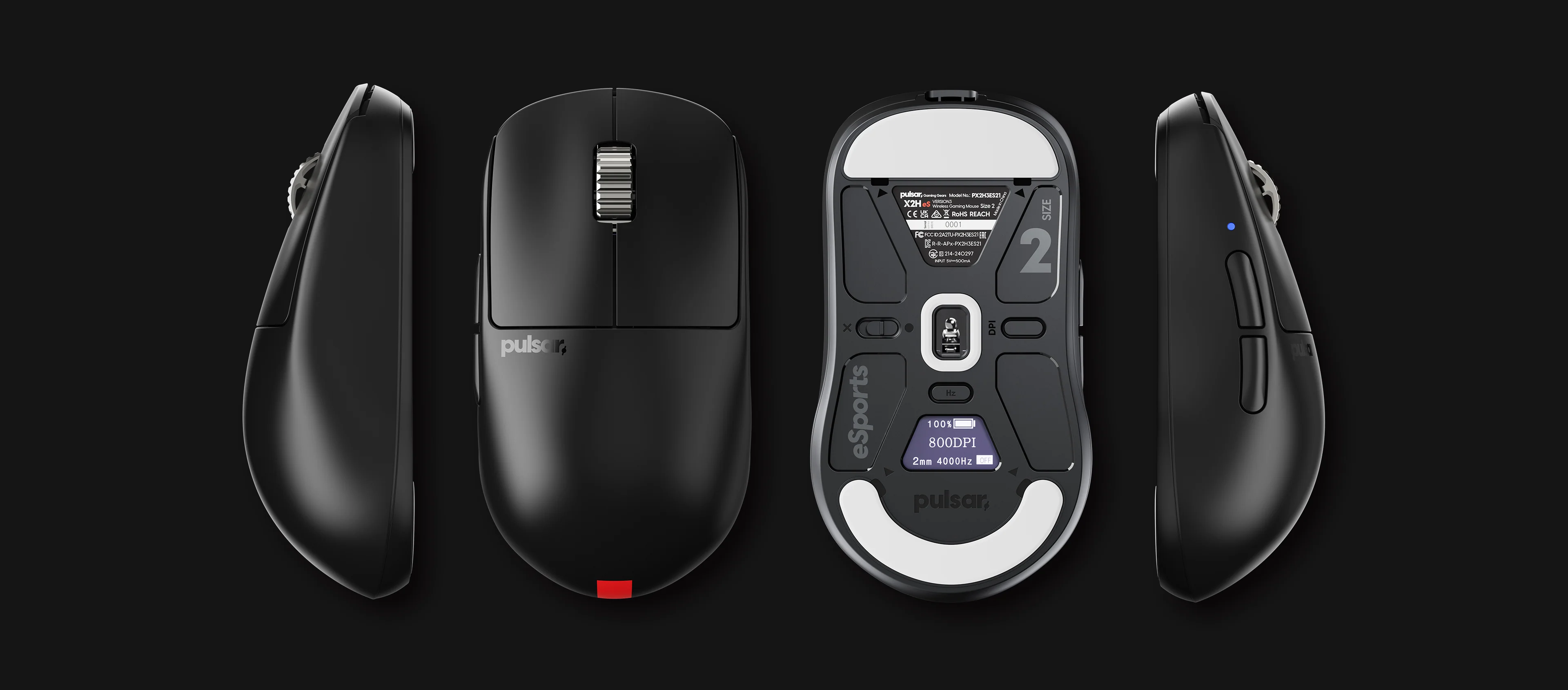 Pulsar X2H v3 eS four-view diagram: left side, top, bottom with OLED display and model label PX2H3ES21, right side