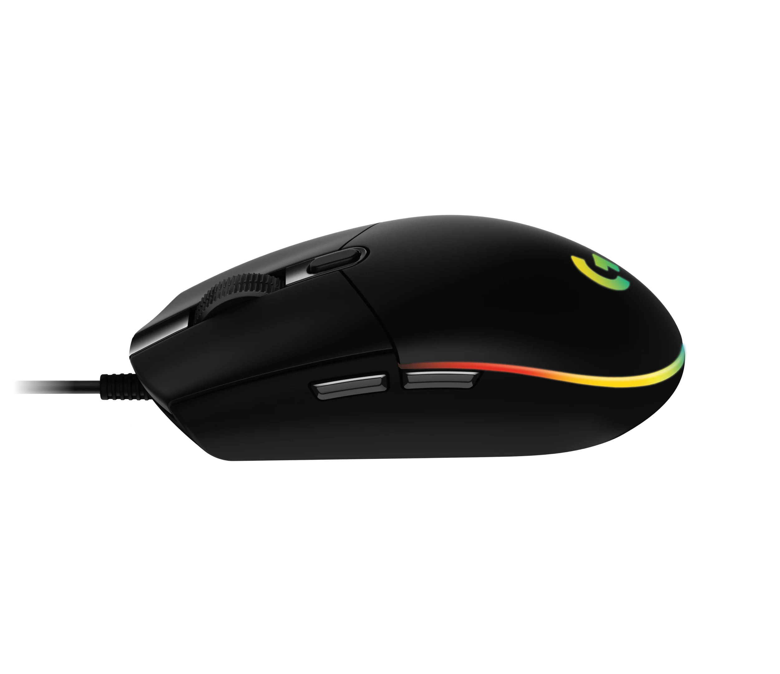 Left side of black G203 LIGHTSYNC showing both side buttons, RGB strip and attached cable.
