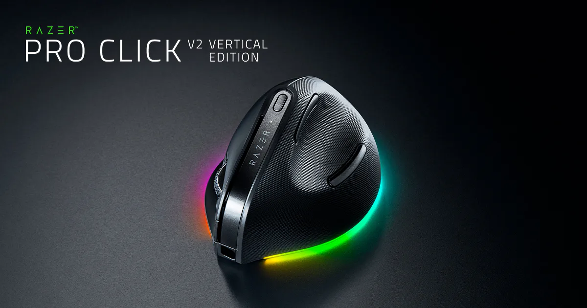 Razer Pro Click V2 Vertical Edition mouse in Black with RGB underglow lighting and the Razer logo on the grip