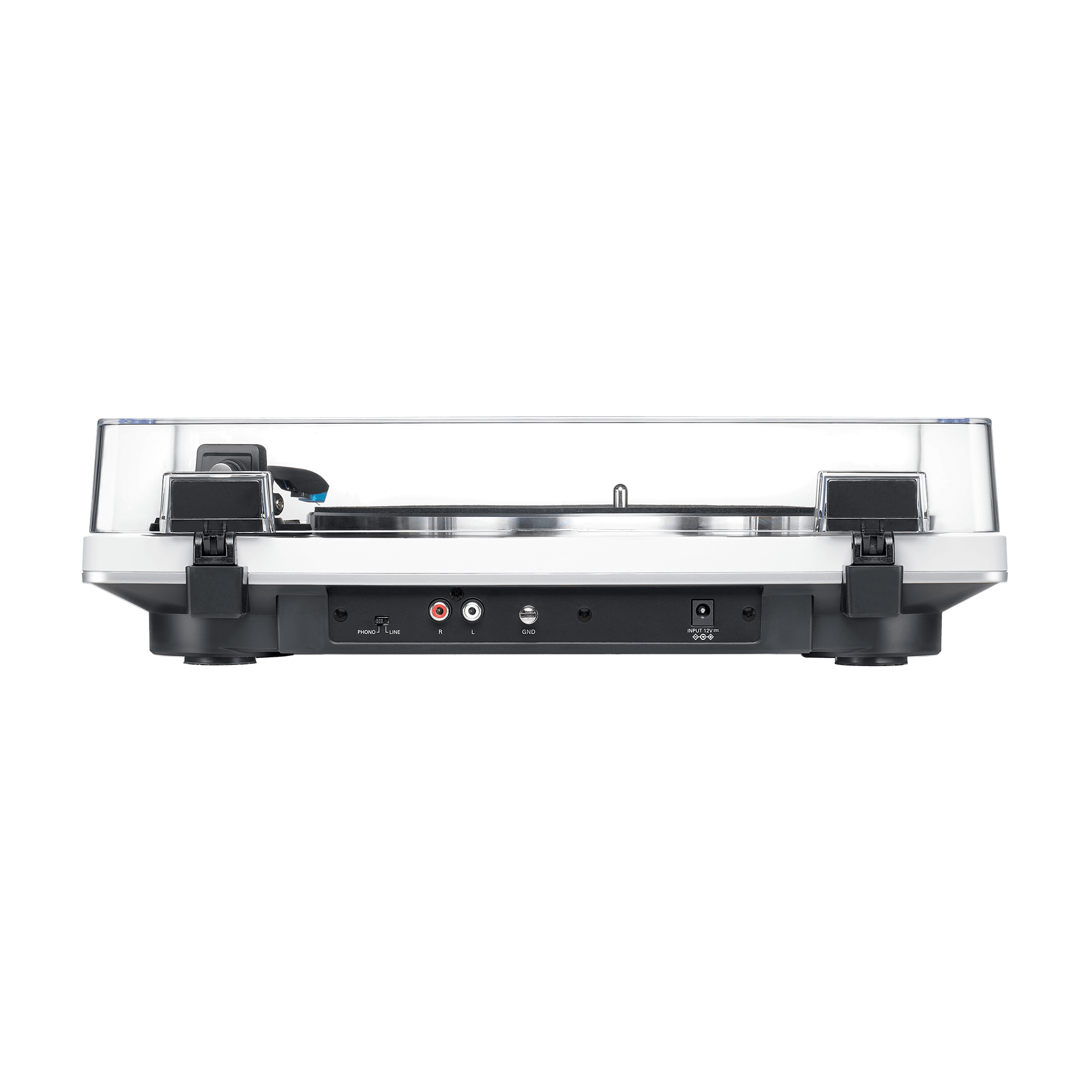 Close-up of J-shaped tonearm and AT-VM95C dual moving magnet cartridge on AT-LP70X