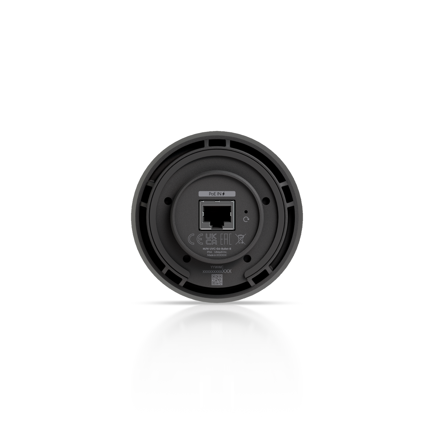 Rear view of the UniFi Protect G6 Bullet camera in black showing the PoE Ethernet port and reset button, with model number UVC-G6-Bullet-B printed on the housing