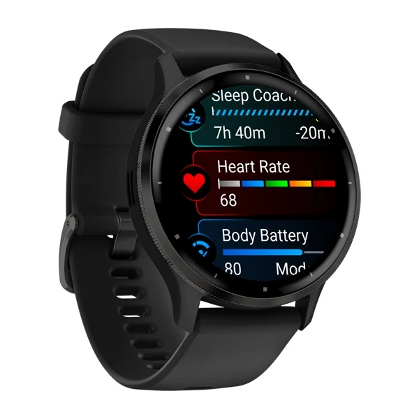 Garmin Venu 3 smartwatch in Black, left-side angled view showing the watch face displaying Sleep Coach, Heart Rate and Body Battery widgets