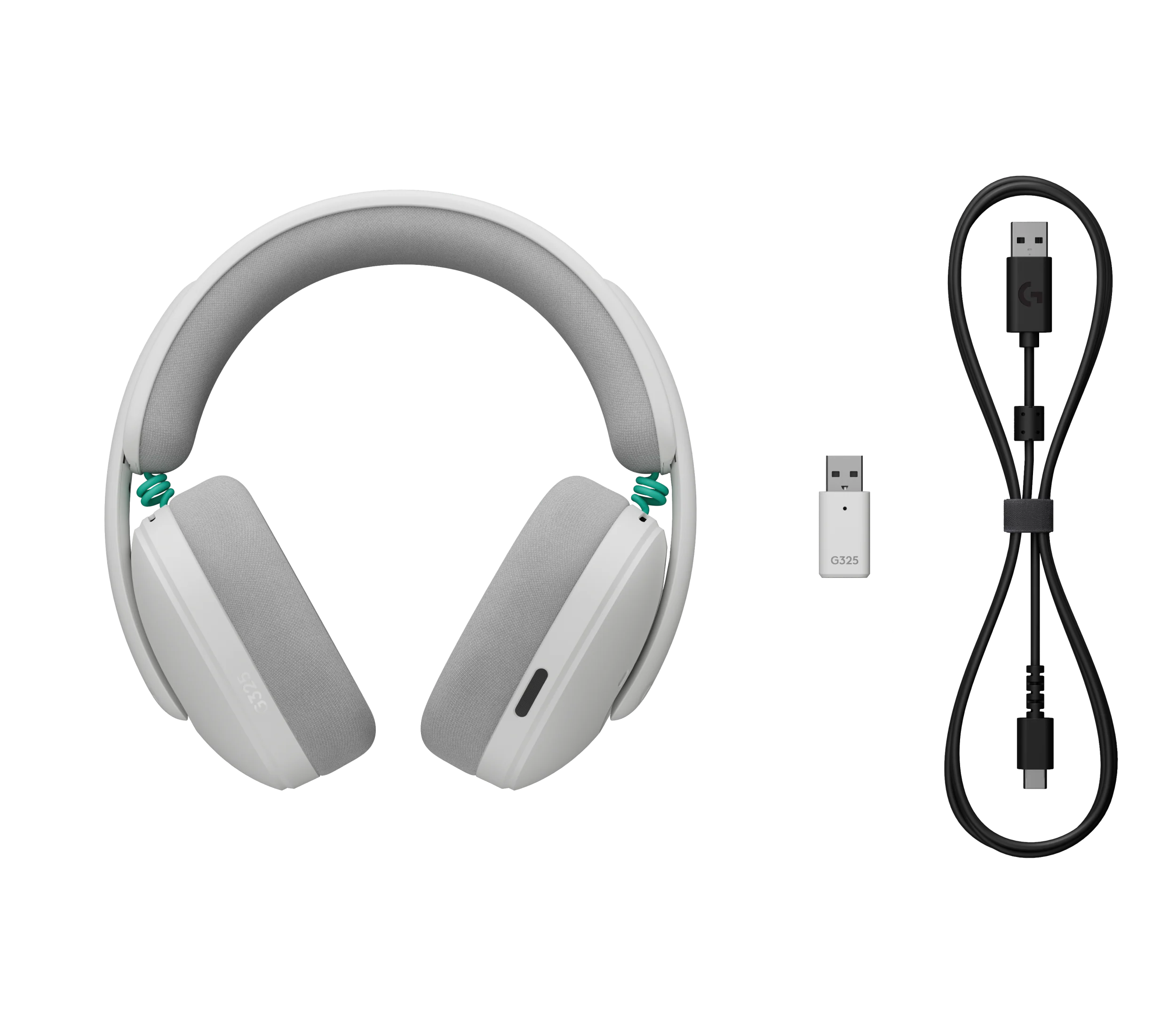 Logitech G325 LIGHTSPEED wireless gaming headset in white with USB-A LIGHTSPEED wireless adapter and USB-C charging cable