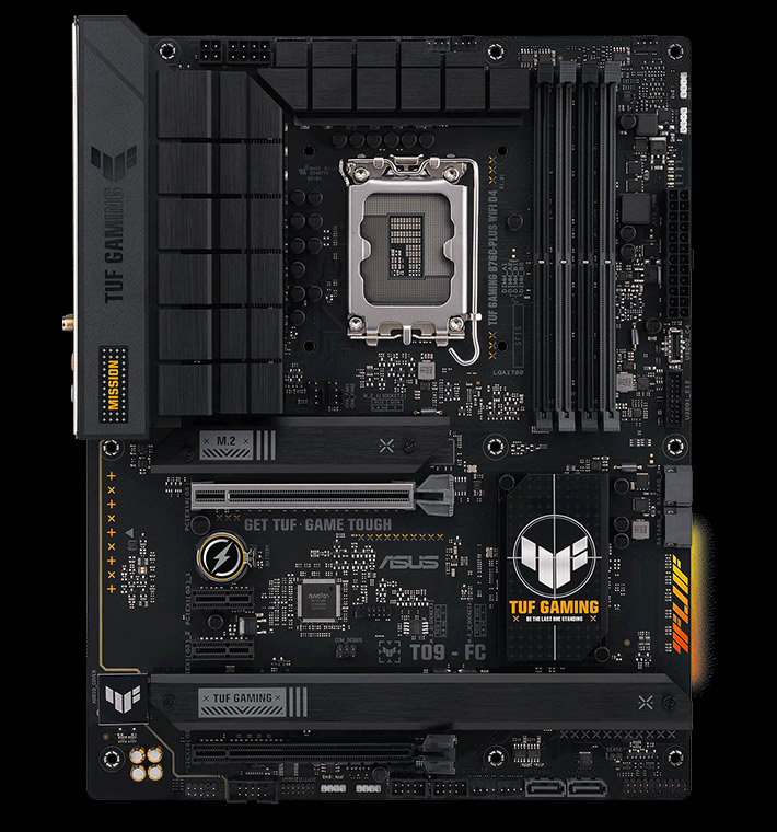 Full top-down view of the ASUS TUF Gaming B760M-PLUS WiFi II LGA 1700 micro-ATX motherboard showing VRM heatsinks, DDR5 slots, and PCIe slots.