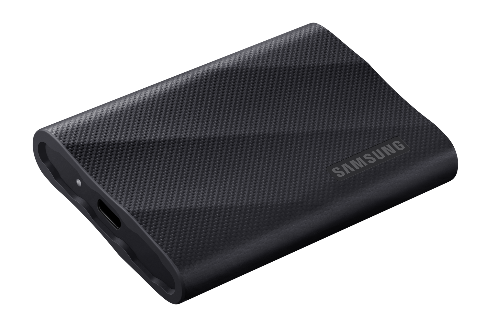 Samsung T9 Portable SSD 2TB shown from below at an angle, highlighting the single USB-C port and status LED