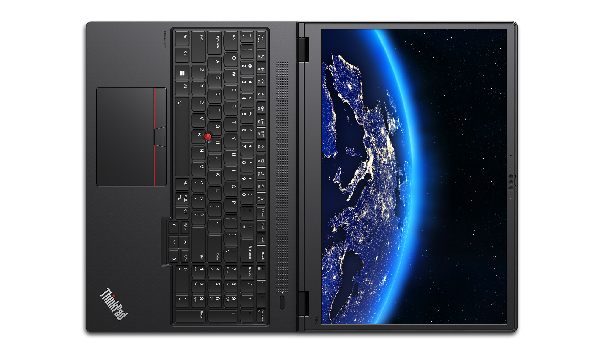 Lenovo ThinkPad P16v Gen 2 lay-flat 180-degree overhead view showing display, backlit keyboard, TrackPoint, and touchpad