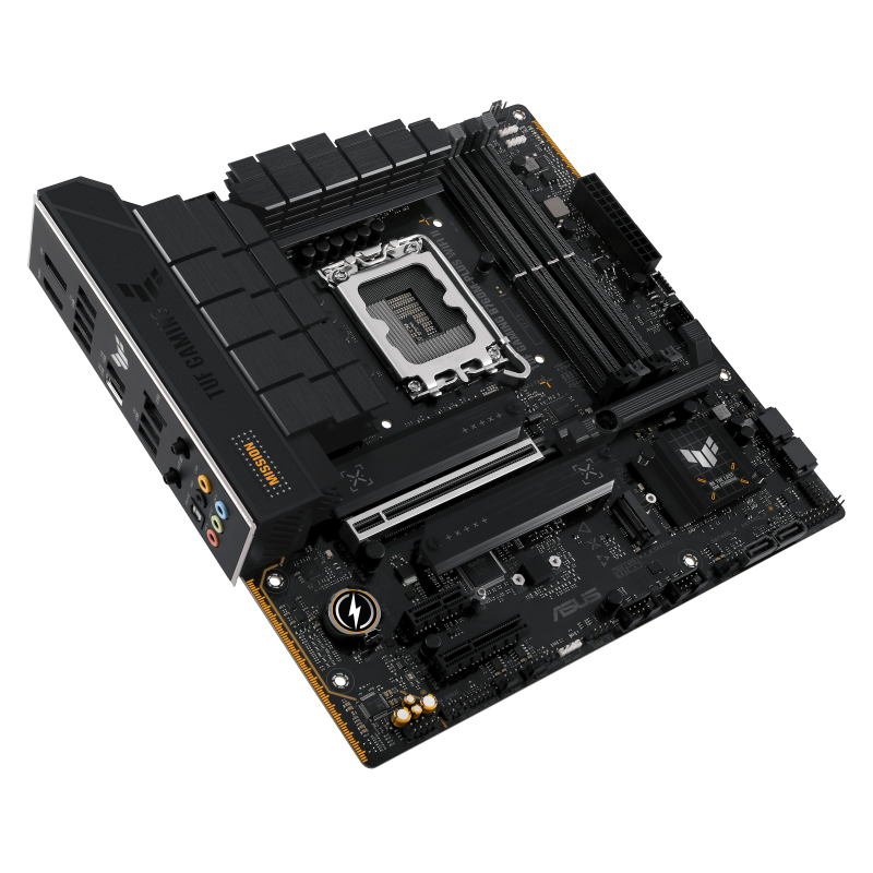 ASUS TUF Gaming B760M-PLUS WiFi II motherboard angled side perspective