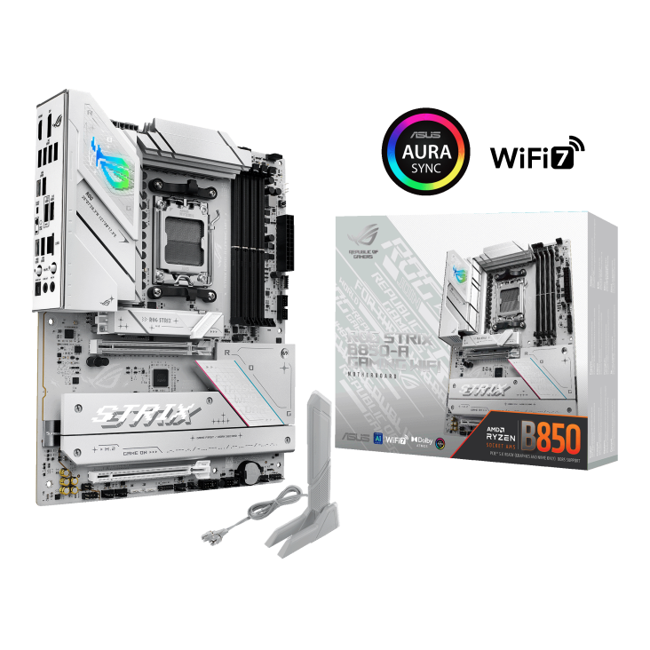ASUS ROG STRIX B850-A GAMING WIFI retail packaging box, Wi-Fi 7 Q-Antenna, and motherboard