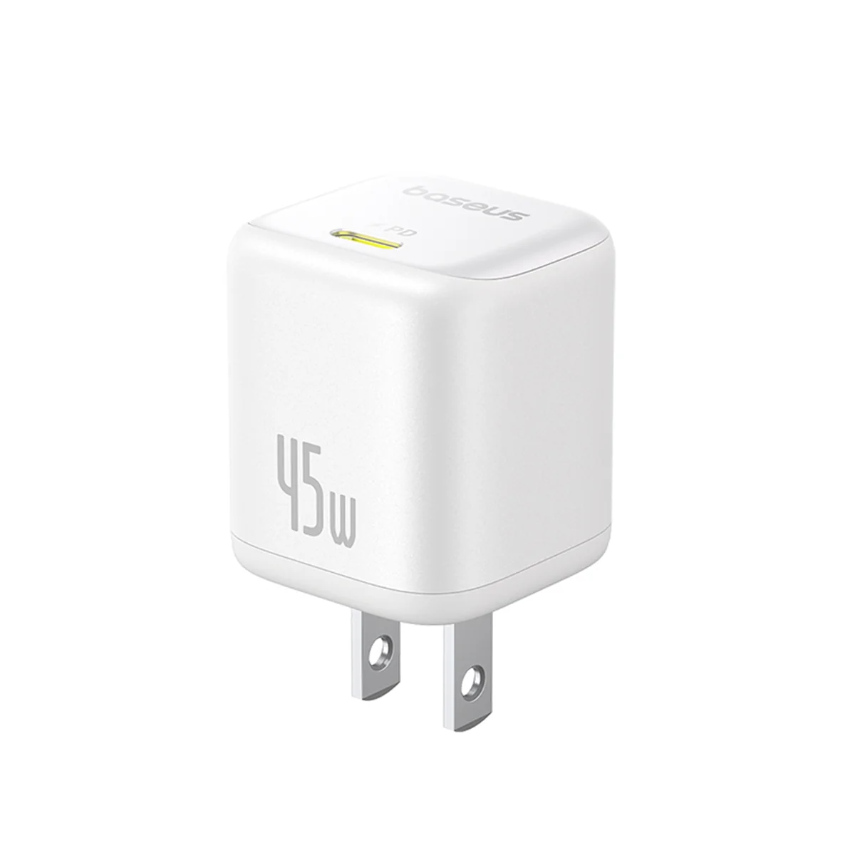 Baseus PicoGo GaN USB-C Charger 45W in white, angled view showing USB-C port and prongs