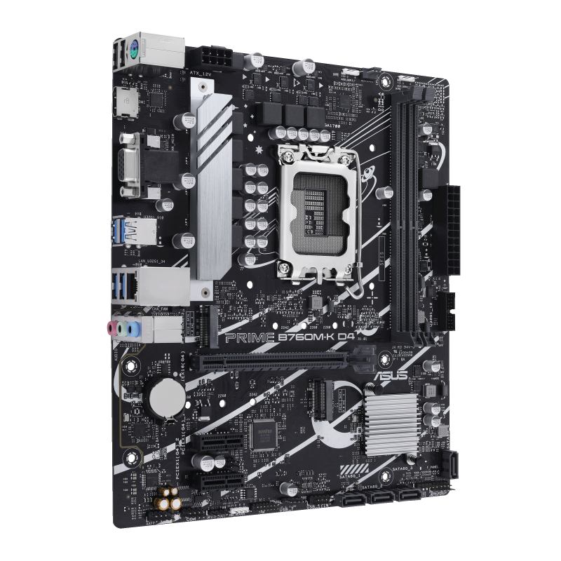 ASUS Prime B760M-K D4 motherboard 45-degree angle front perspective view