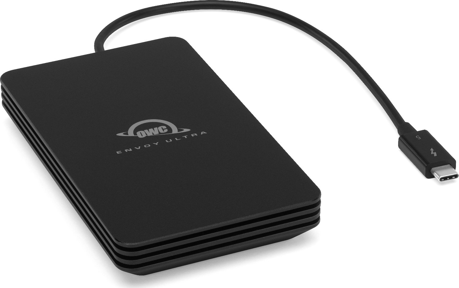 Close view of the OWC Envoy Ultra's integrated Thunderbolt 5 cable and USB-C connector with the Thunderbolt 5 logo visible on the plug