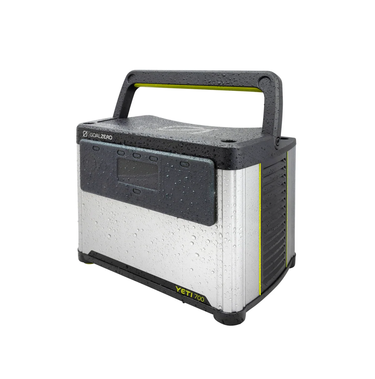 Goal Zero Yeti 700 portable power station, angled side view showing IPX4 water-resistant construction with water droplets