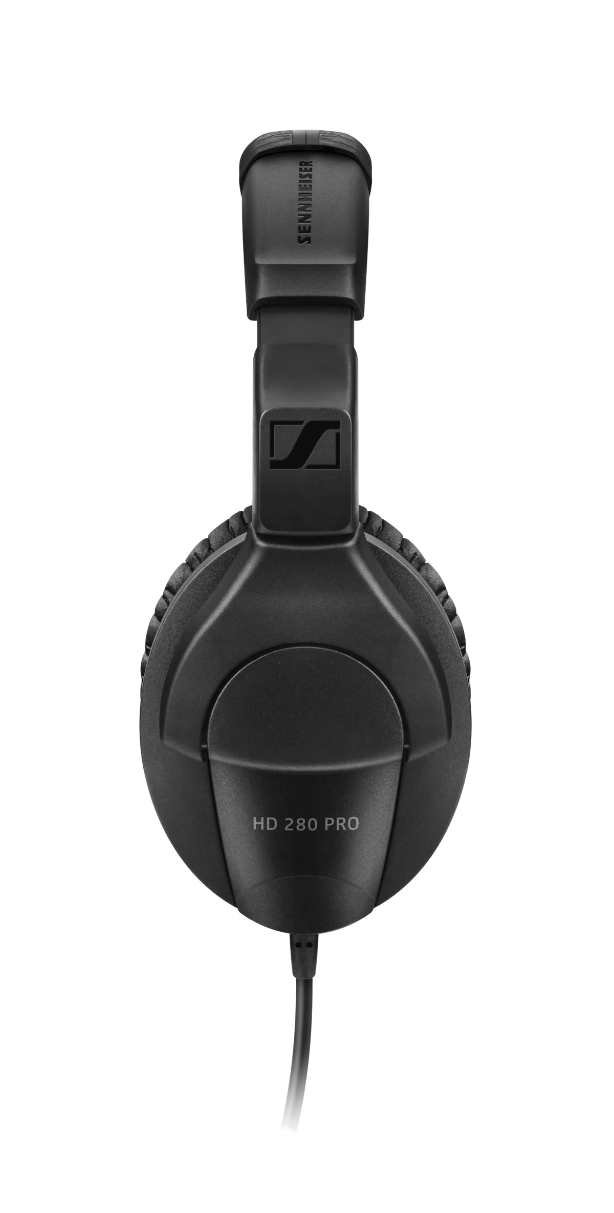 Side profile view of Sennheiser HD 280 Pro headphone earcup and coiled cable connection.