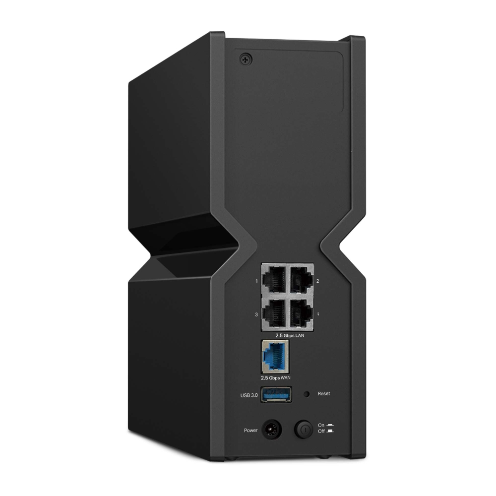 TP-Link Archer BE550 rear panel showing four 2.5 Gbps LAN ports, one 2.5 Gbps WAN port, USB 3.0 port, reset button and power switch