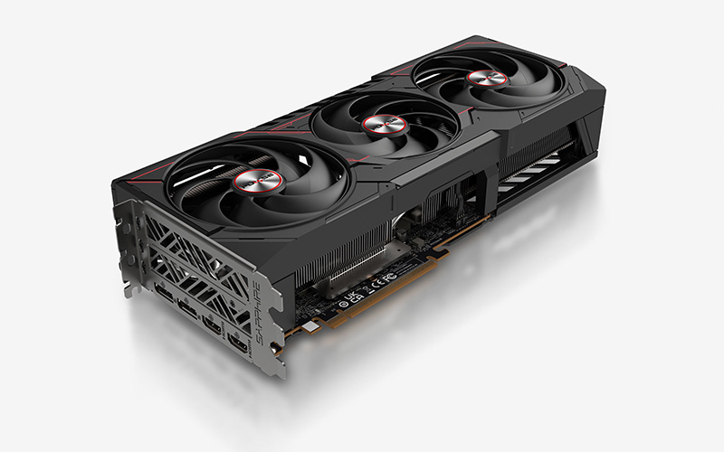 Rear three-quarter view of the SAPPHIRE PULSE Radeon RX 9070 XT 16GB GDDR6 card showing the I/O bracket with DisplayPort and HDMI outputs