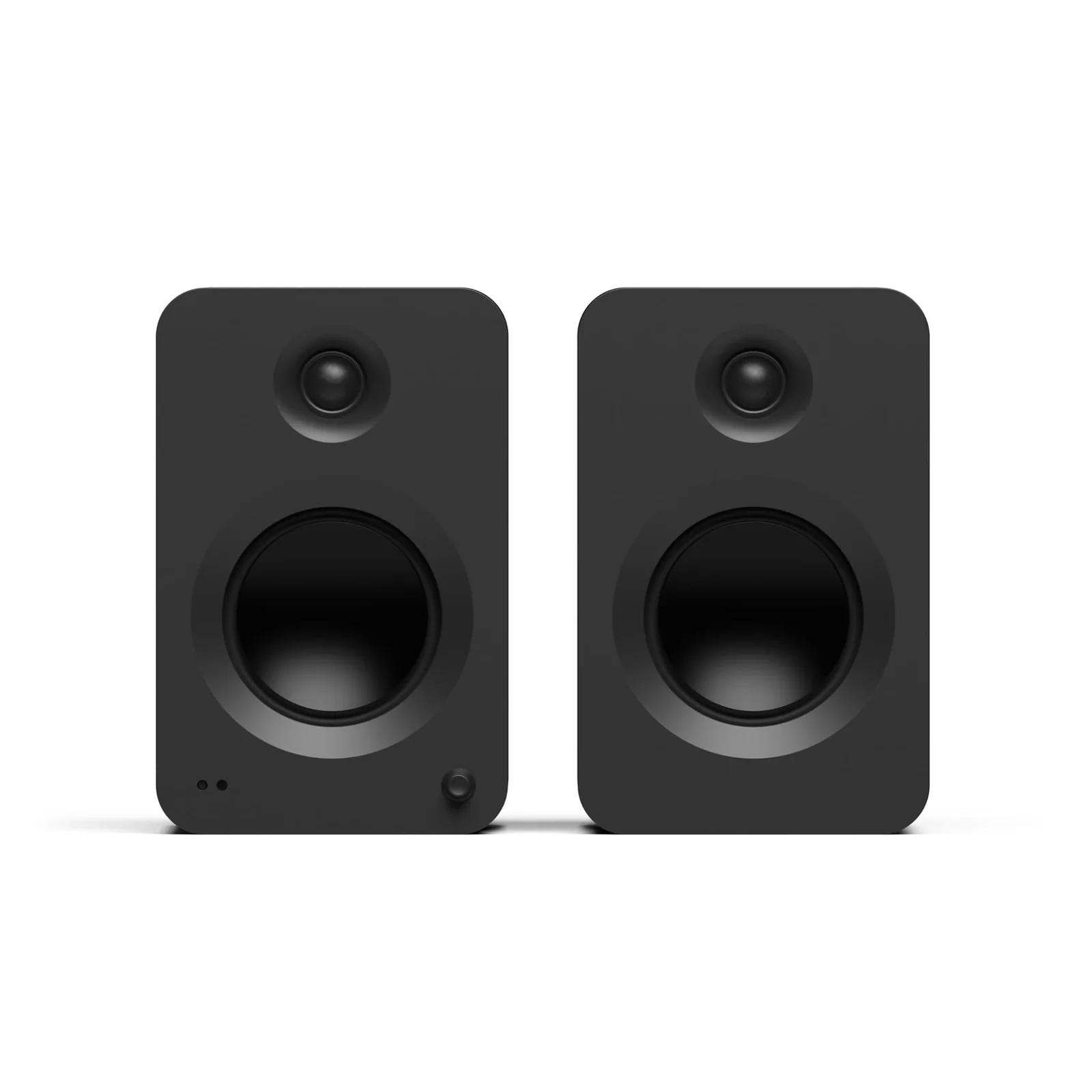 Front view of the Kanto REN speaker pair in Matte Black showing the tweeter and woofer