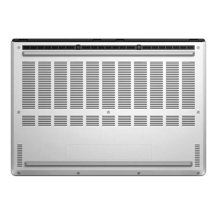 Underside of the Platinum White ASUS ROG Zephyrus G14 (2024) showing the intake vents and cooling grille layout