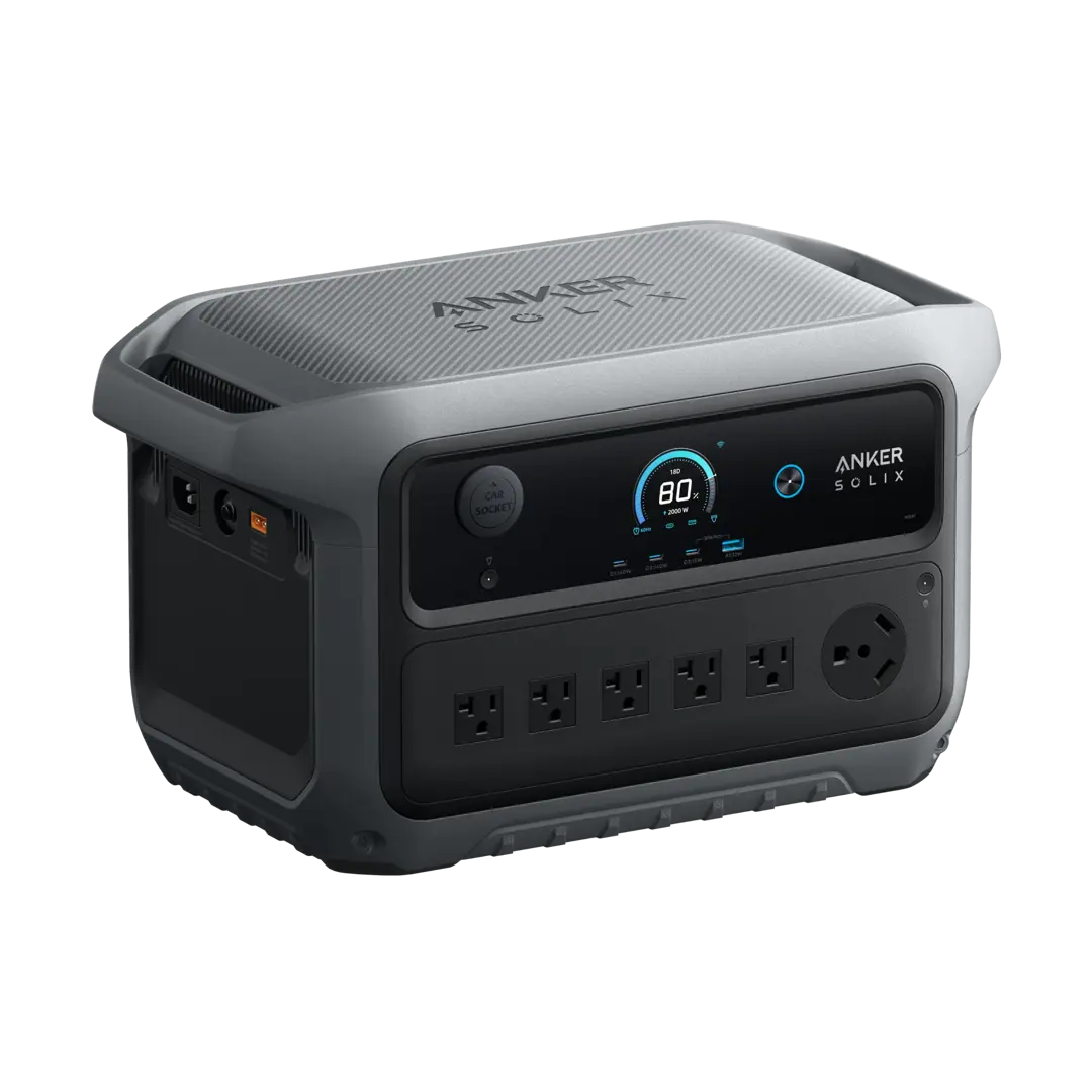 Three-quarter angle view of the Anker SOLIX C2000 Gen 2 showing control panel, AC outlets and rear input ports