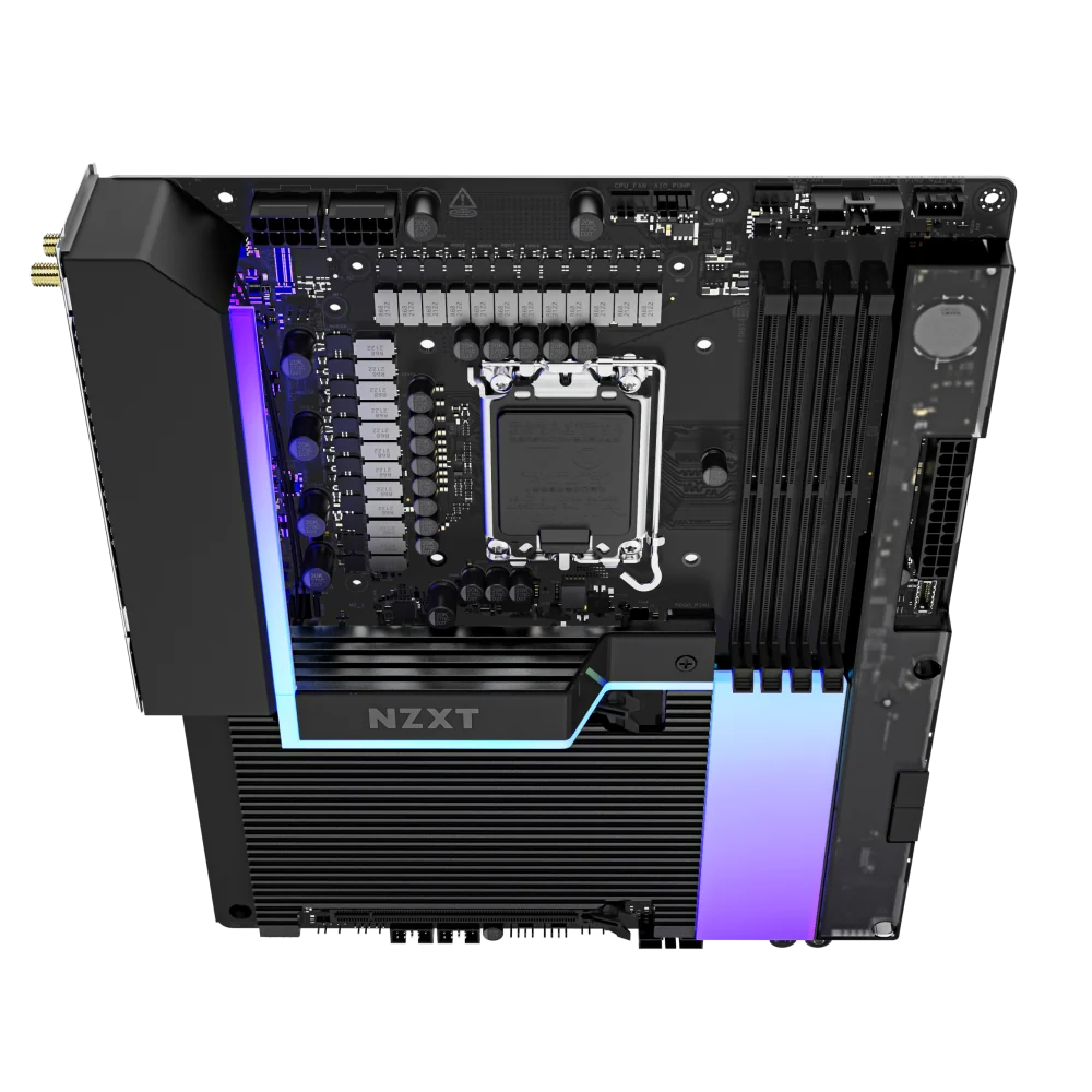 NZXT N9 Z890 motherboard in Black, angled top-down view showing full-metal cover, RGB accent and PCIe/M.2 heatsinks