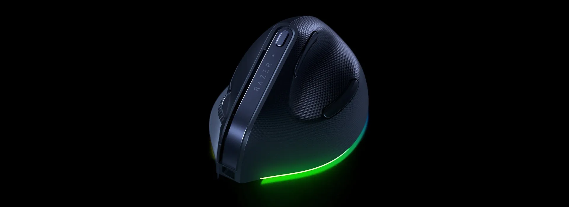 Razer Pro Click V2 Vertical Edition mouse in Black, top-angled view showing textured grip, thumb buttons and scroll wheel