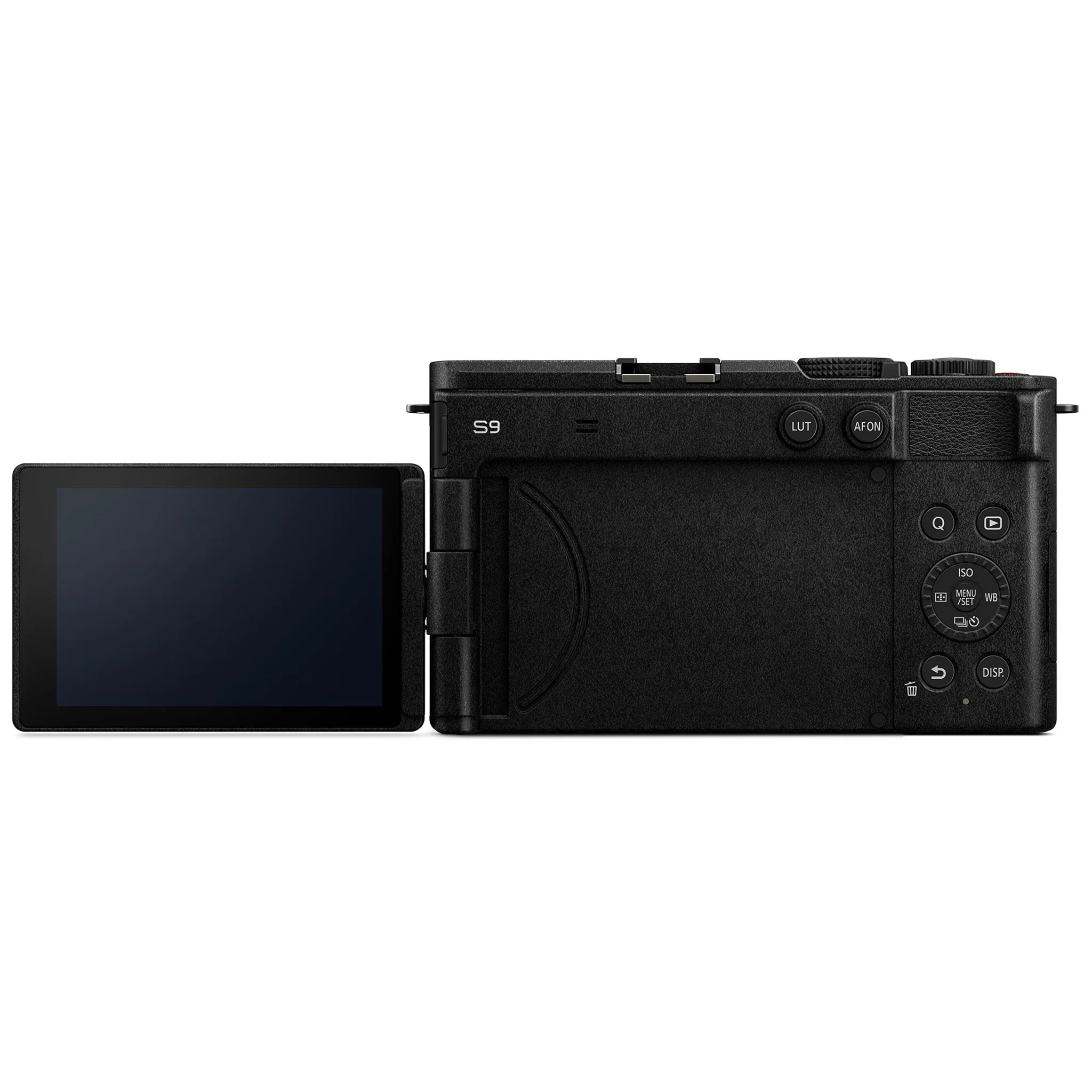 Rear view of the black Panasonic LUMIX S9 with the fully articulating touchscreen flipped out, showing the S9 badge and rear control layout