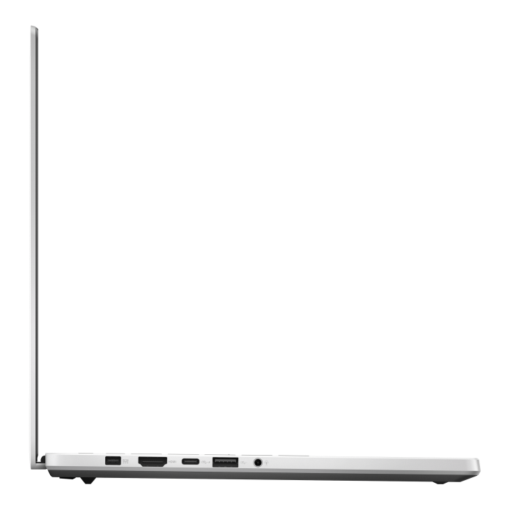 Side profile of the Platinum White ASUS ROG Zephyrus G14 (2024) showing the left-edge I/O ports: USB-C, HDMI, USB4 Type-C, USB-A, and headphone jack