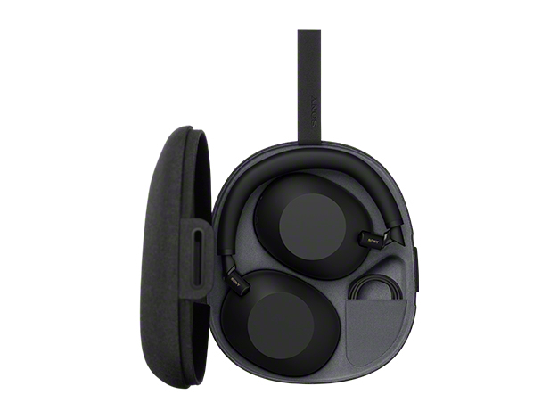 Sony WH-1000XM6 wireless headphones in black packed inside included carrying case with cable