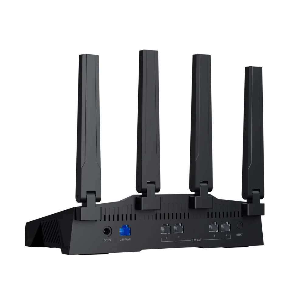 Rear view of the GL-BE9300 router showing four antennas, DC power jack, one 2.5G WAN port and four 2.5G LAN ports, and reset button
