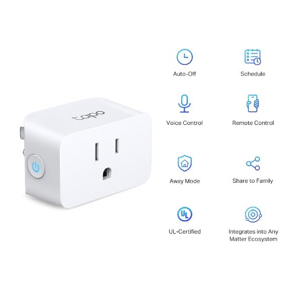 Front view of the Tapo P125M smart plug with icons for Auto-Off, Schedule, Voice Control, Remote Control, Away Mode, Share to Family, UL-Certified and Matter