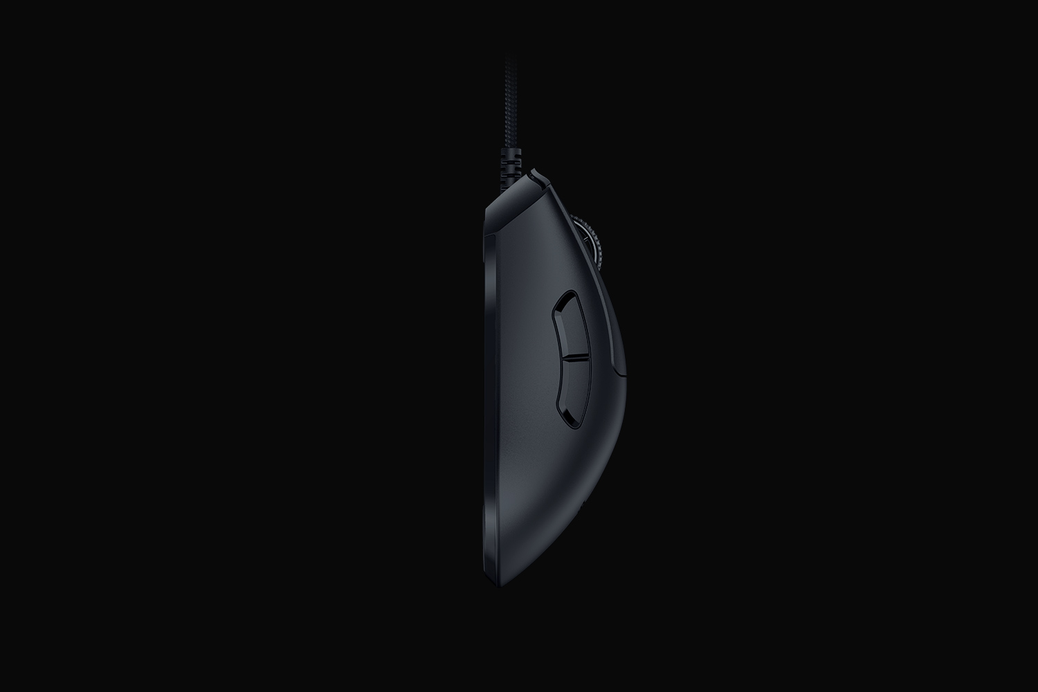 Left-side view of the black wired DeathAdder V3, showing the thumb buttons, shell contour and fixed front cable.