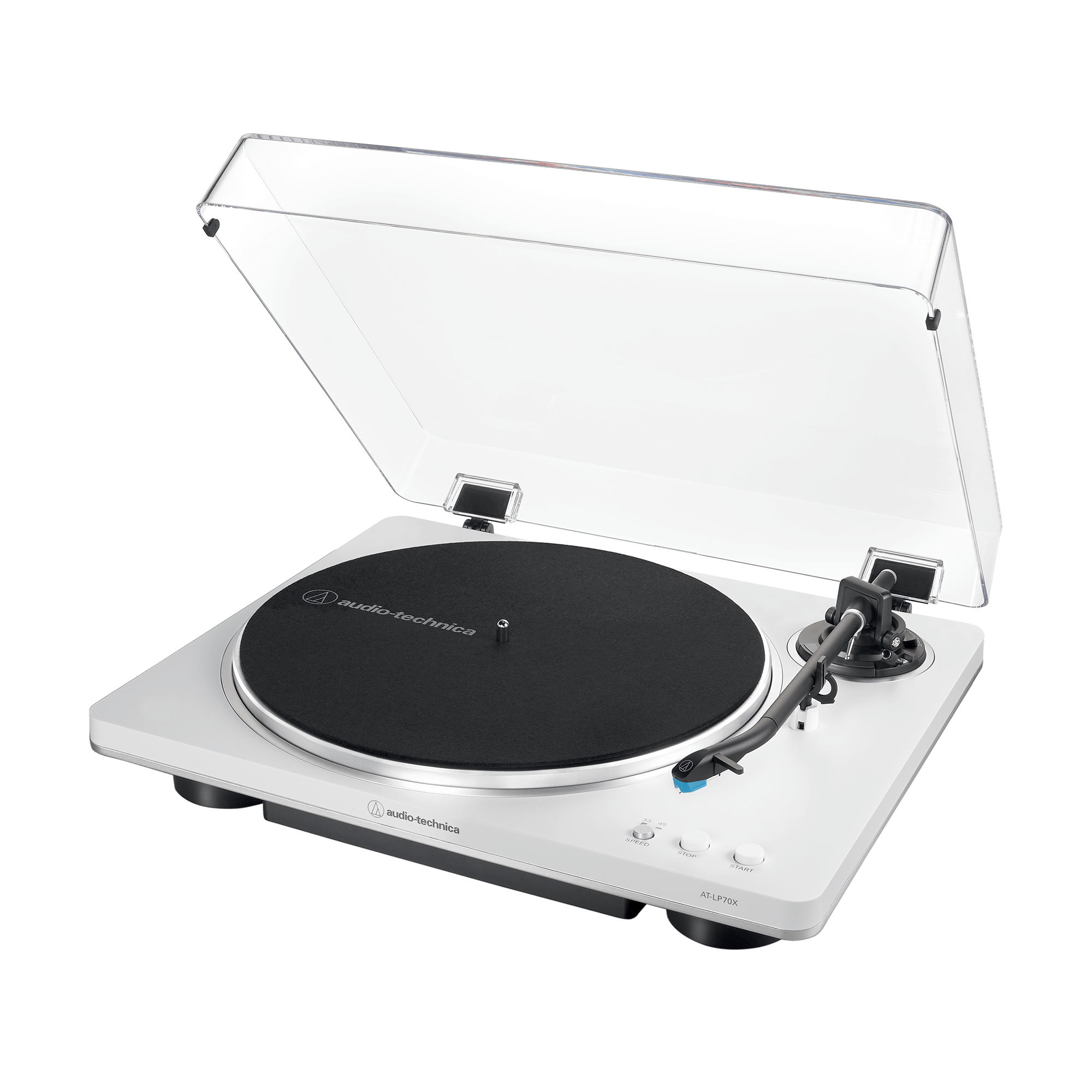 Audio-Technica AT-LP70X White/Silver angled view showing die-cast aluminium platter and tonearm