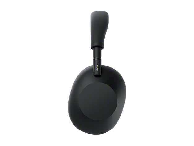 Sony WH-1000XM6 wireless headphones in black, side profile view showing hinge and gold logo