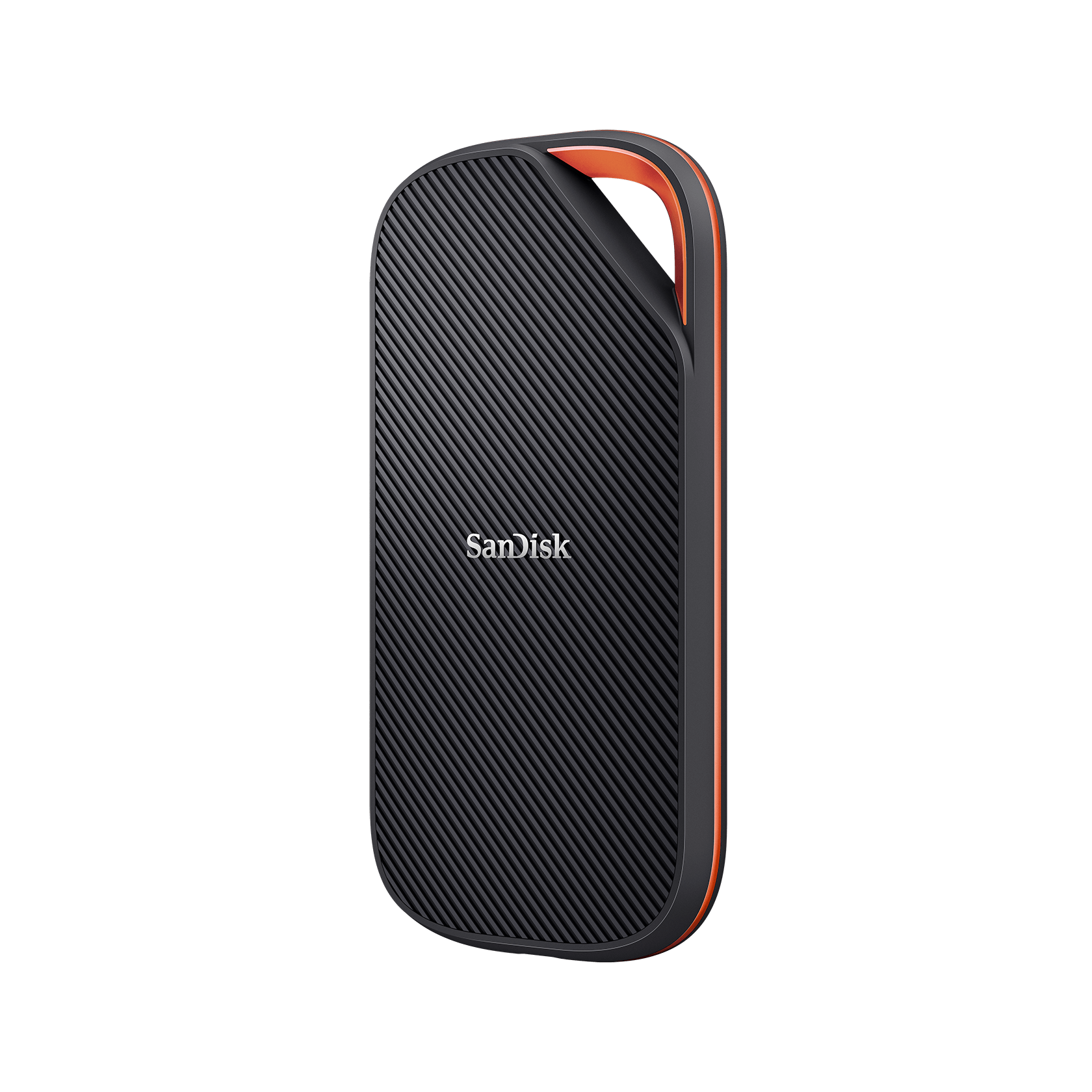 Left angled view of the SanDisk Extreme PRO USB4 Portable SSD 2TB showing the textured ribbed casing