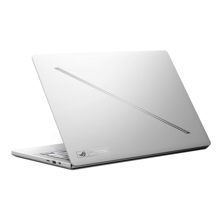 Rear three-quarter view of the Platinum White ASUS ROG Zephyrus G14 (2024) lid, showing the diagonal ROG design line and Republic of Gamers badge