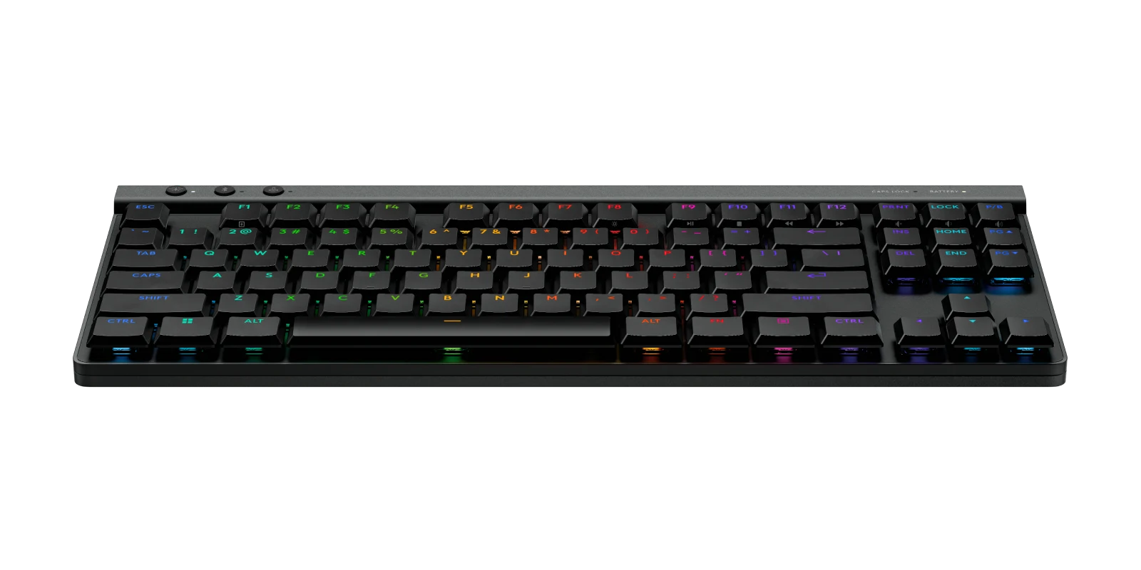 Logitech G515 LIGHTSPEED TKL wireless gaming keyboard in black, angled front view showing low-profile keycaps and RGB lighting
