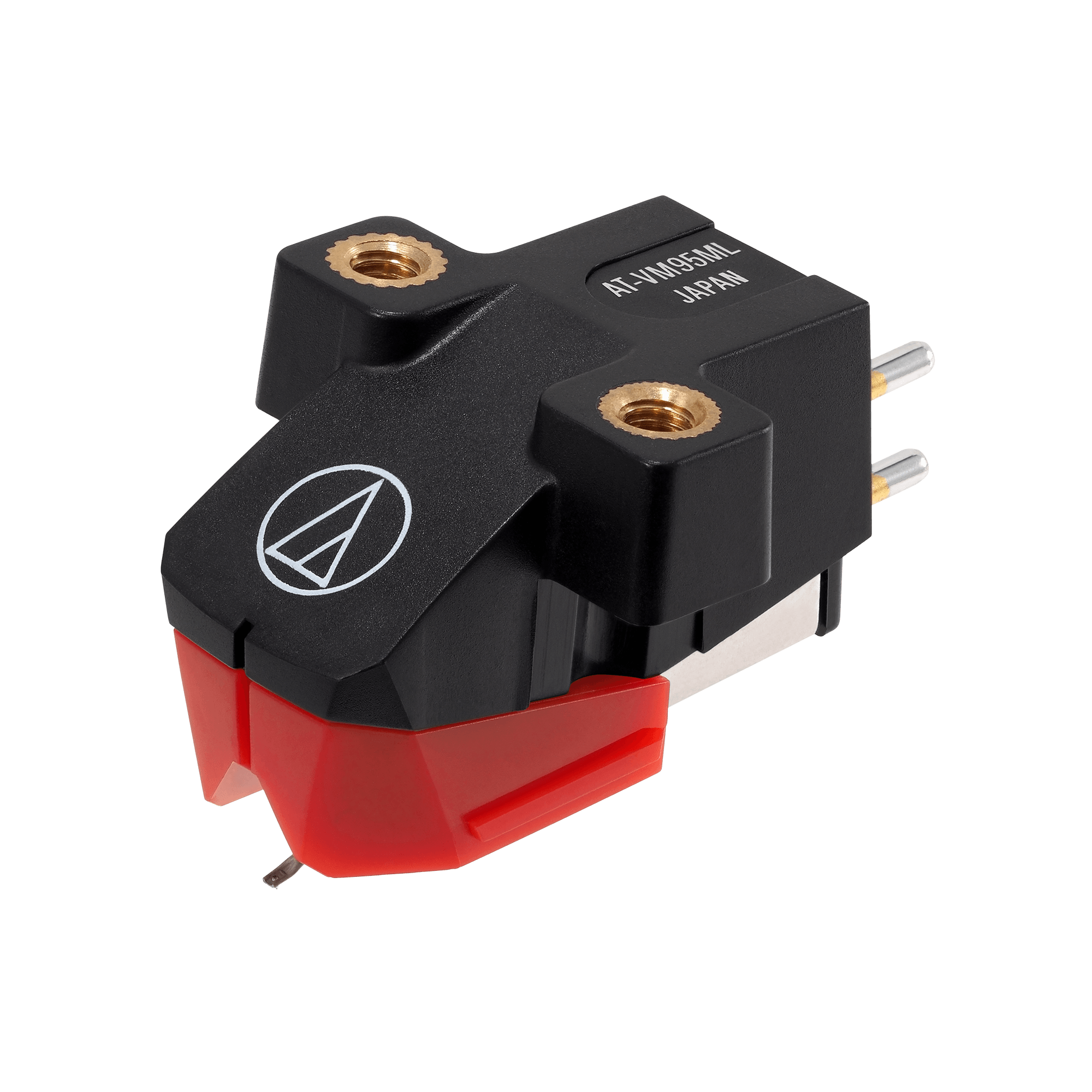 Front view of Audio-Technica AT-VM95ML cartridge displaying stylus guard and cantilever