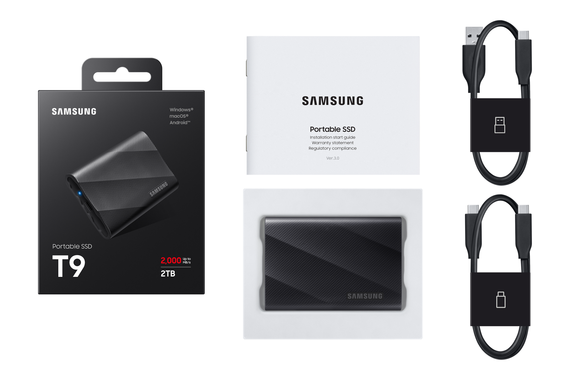 Samsung T9 Portable SSD 2TB retail box, quick start guide, the drive itself, and two USB-C cables (USB-C to USB-C and USB-C to USB-A)